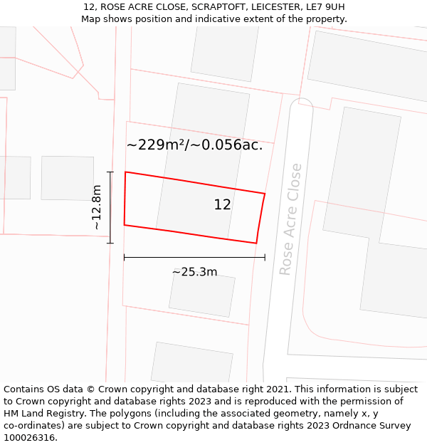 12, ROSE ACRE CLOSE, SCRAPTOFT, LEICESTER, LE7 9UH: Plot and title map