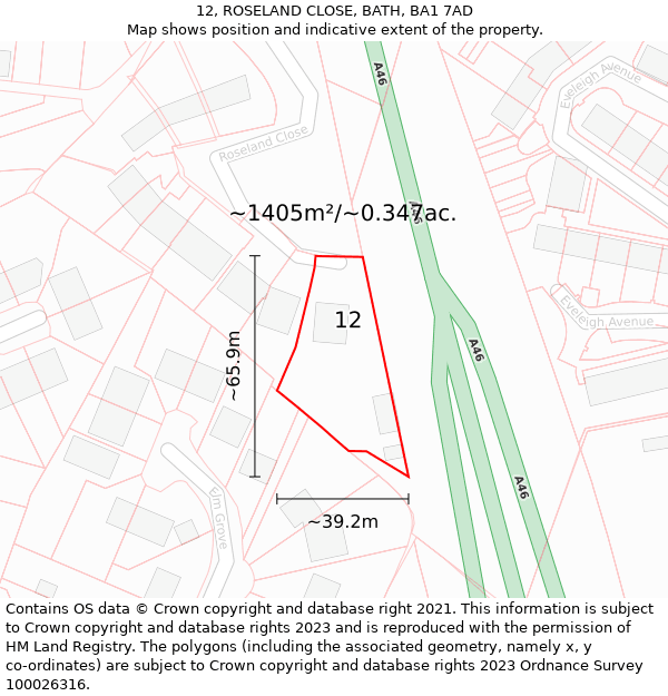 12, ROSELAND CLOSE, BATH, BA1 7AD: Plot and title map