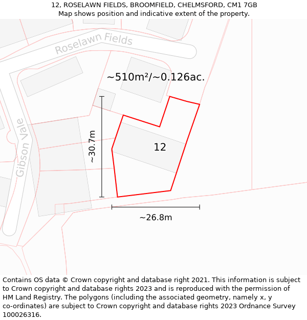 12, ROSELAWN FIELDS, BROOMFIELD, CHELMSFORD, CM1 7GB: Plot and title map