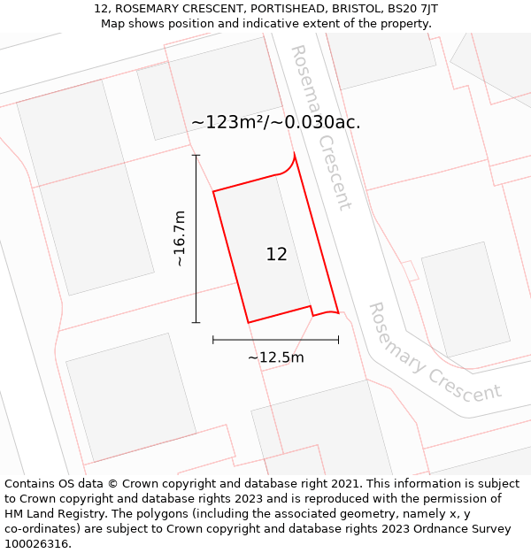 12, ROSEMARY CRESCENT, PORTISHEAD, BRISTOL, BS20 7JT: Plot and title map