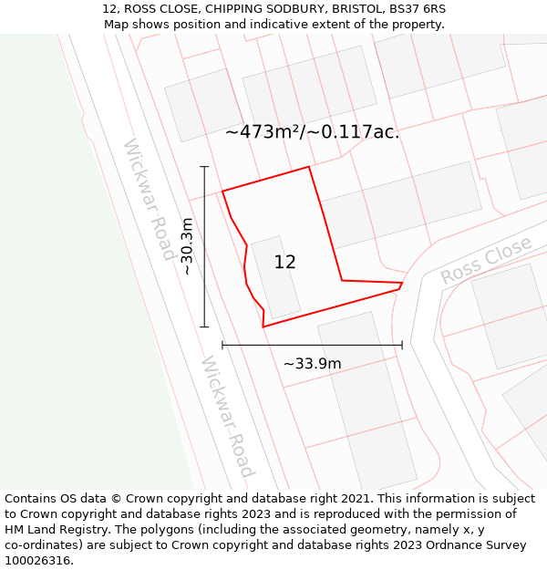 12, ROSS CLOSE, CHIPPING SODBURY, BRISTOL, BS37 6RS: Plot and title map