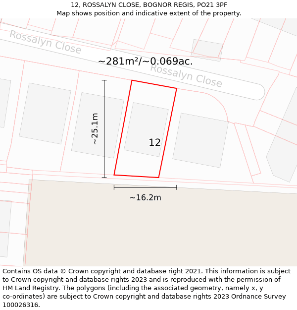 12, ROSSALYN CLOSE, BOGNOR REGIS, PO21 3PF: Plot and title map