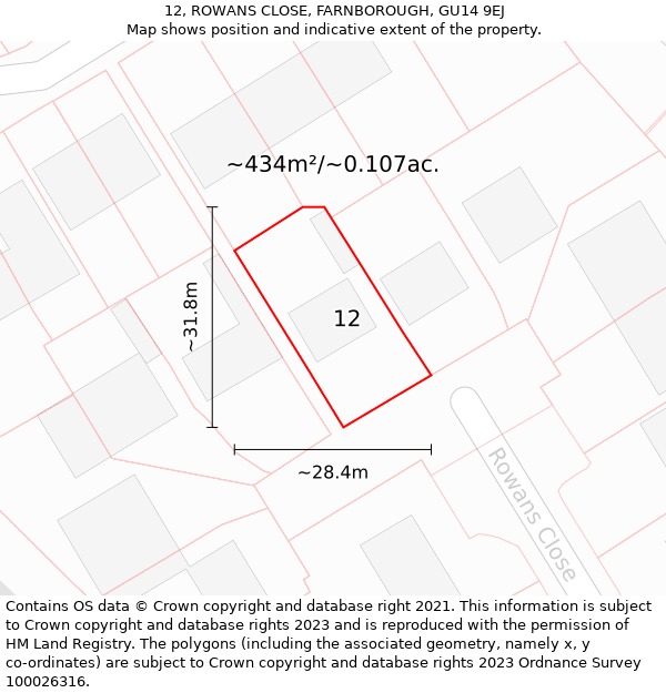 12, ROWANS CLOSE, FARNBOROUGH, GU14 9EJ: Plot and title map