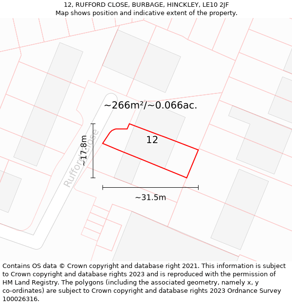 12, RUFFORD CLOSE, BURBAGE, HINCKLEY, LE10 2JF: Plot and title map