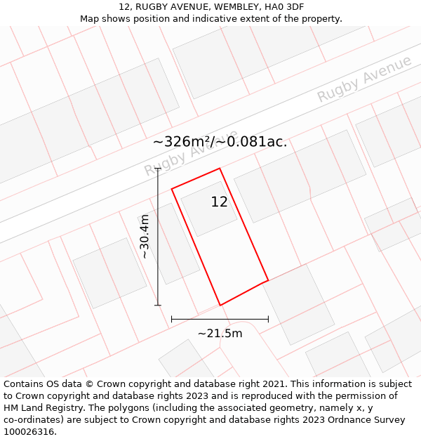 12, RUGBY AVENUE, WEMBLEY, HA0 3DF: Plot and title map