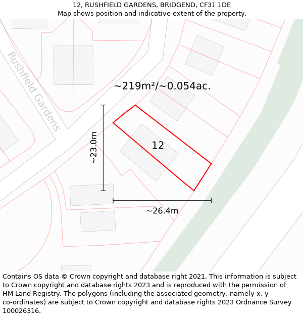 12, RUSHFIELD GARDENS, BRIDGEND, CF31 1DE: Plot and title map