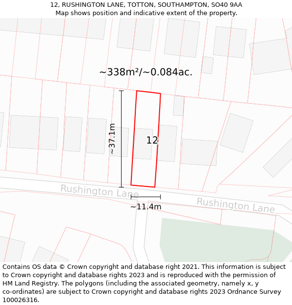 12, RUSHINGTON LANE, TOTTON, SOUTHAMPTON, SO40 9AA: Plot and title map