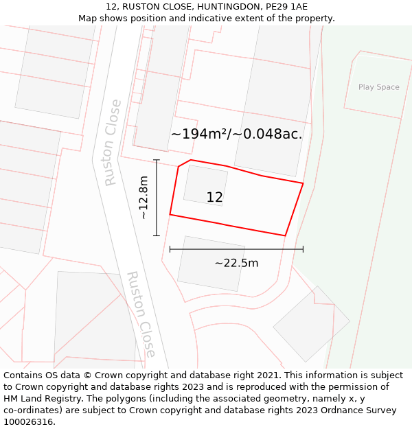 12, RUSTON CLOSE, HUNTINGDON, PE29 1AE: Plot and title map