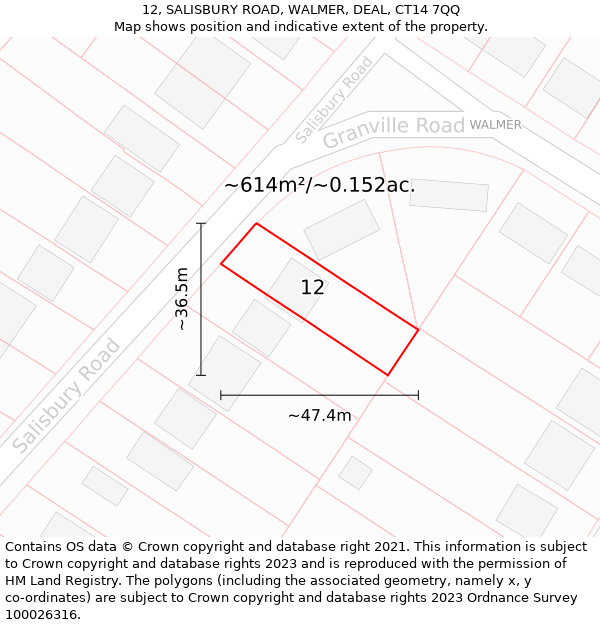 12, SALISBURY ROAD, WALMER, DEAL, CT14 7QQ: Plot and title map