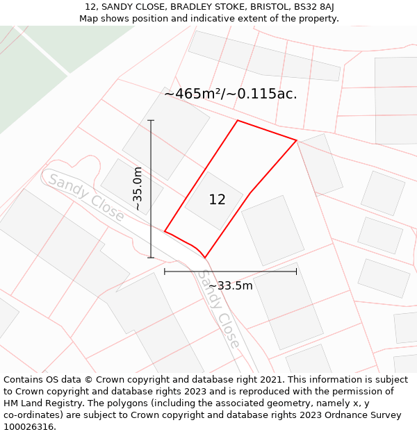 12, SANDY CLOSE, BRADLEY STOKE, BRISTOL, BS32 8AJ: Plot and title map