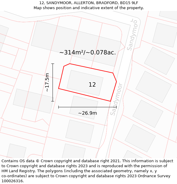 12, SANDYMOOR, ALLERTON, BRADFORD, BD15 9LF: Plot and title map