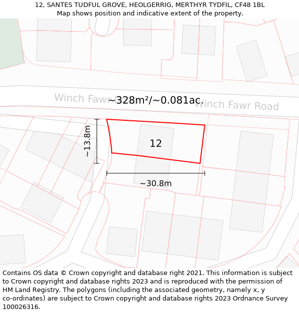 12, SANTES TUDFUL GROVE, HEOLGERRIG, MERTHYR TYDFIL, CF48 1BL: Plot and title map