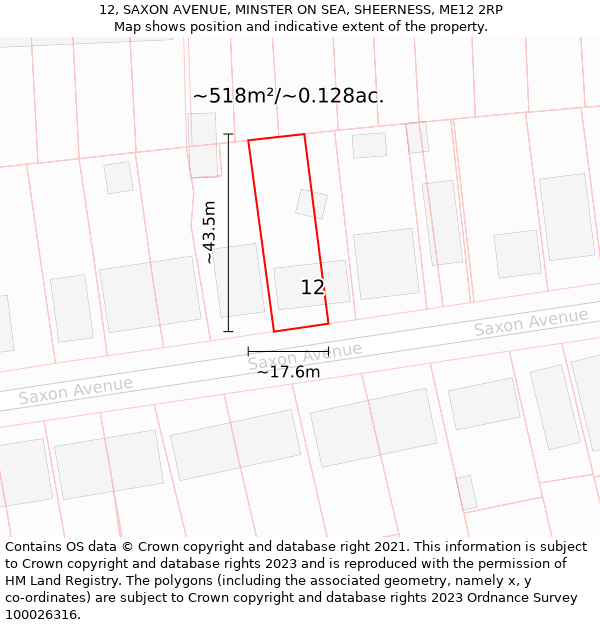 12, SAXON AVENUE, MINSTER ON SEA, SHEERNESS, ME12 2RP: Plot and title map