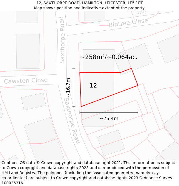 12, SAXTHORPE ROAD, HAMILTON, LEICESTER, LE5 1PT: Plot and title map