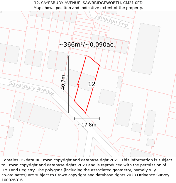 12, SAYESBURY AVENUE, SAWBRIDGEWORTH, CM21 0ED: Plot and title map