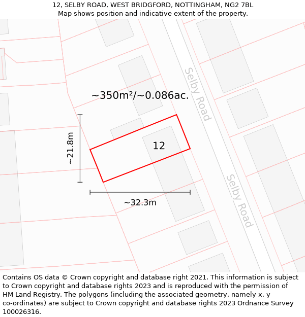 12, SELBY ROAD, WEST BRIDGFORD, NOTTINGHAM, NG2 7BL: Plot and title map