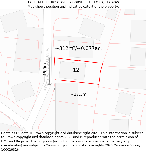 12, SHAFTESBURY CLOSE, PRIORSLEE, TELFORD, TF2 9GW: Plot and title map