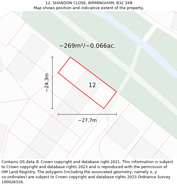 12, SHANDON CLOSE, BIRMINGHAM, B32 3XB: Plot and title map