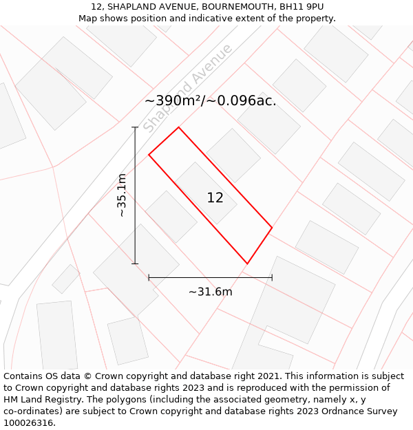 12, SHAPLAND AVENUE, BOURNEMOUTH, BH11 9PU: Plot and title map