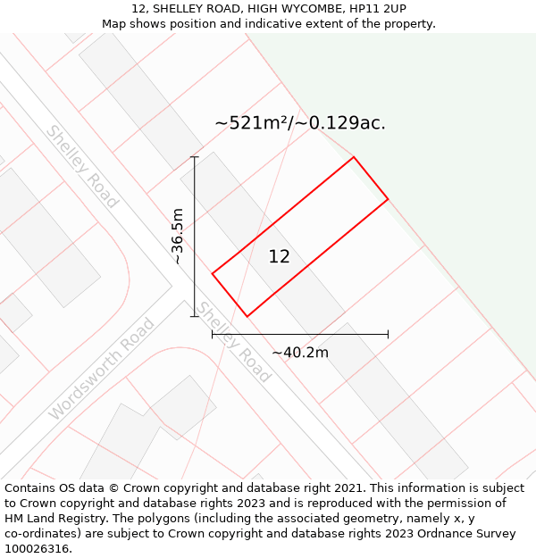 12, SHELLEY ROAD, HIGH WYCOMBE, HP11 2UP: Plot and title map