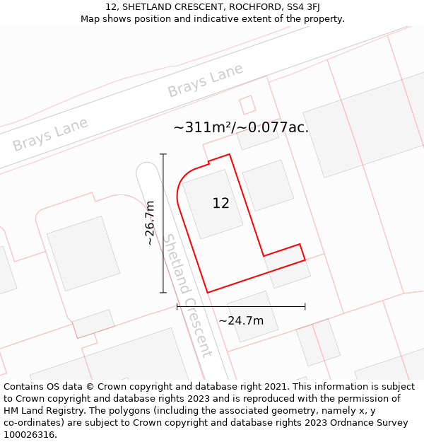 12, SHETLAND CRESCENT, ROCHFORD, SS4 3FJ: Plot and title map