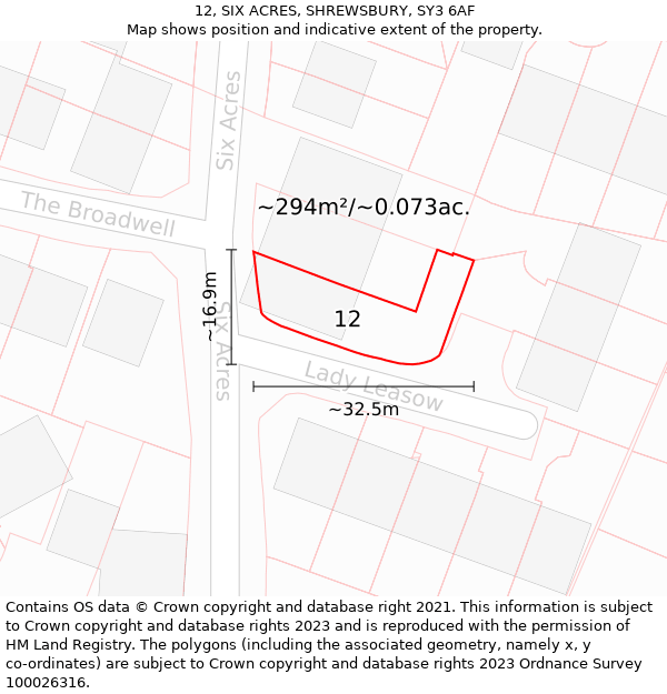 12, SIX ACRES, SHREWSBURY, SY3 6AF: Plot and title map