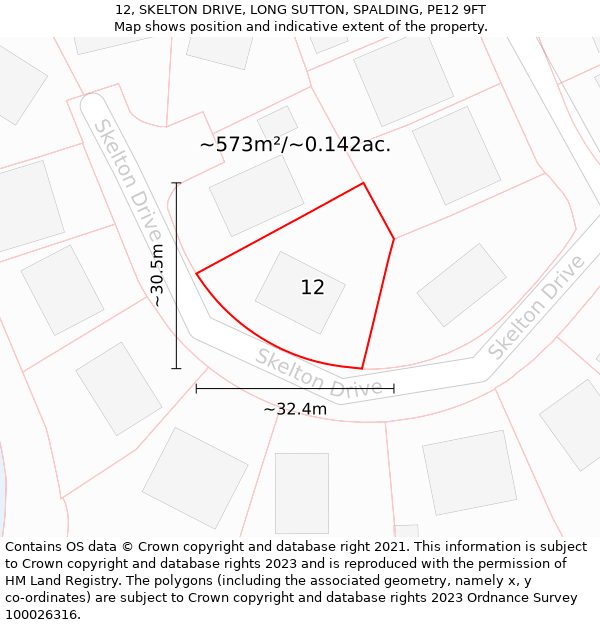 12, SKELTON DRIVE, LONG SUTTON, SPALDING, PE12 9FT: Plot and title map