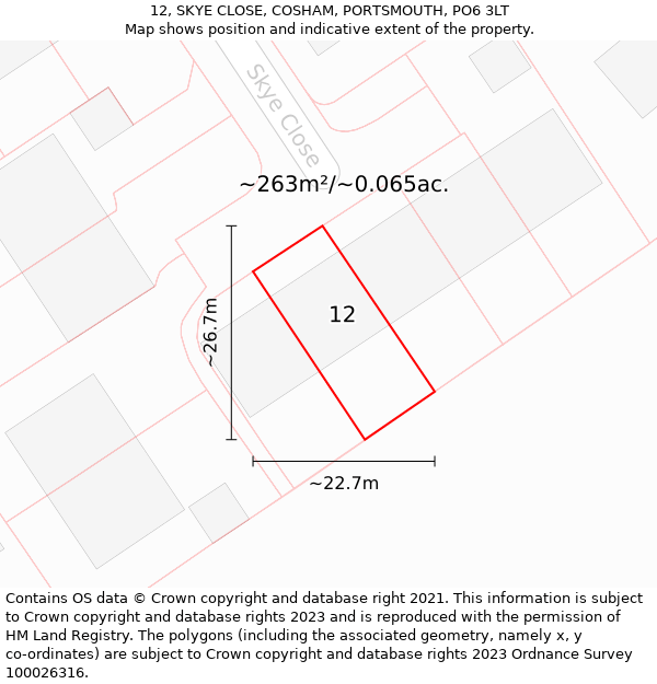 12, SKYE CLOSE, COSHAM, PORTSMOUTH, PO6 3LT: Plot and title map