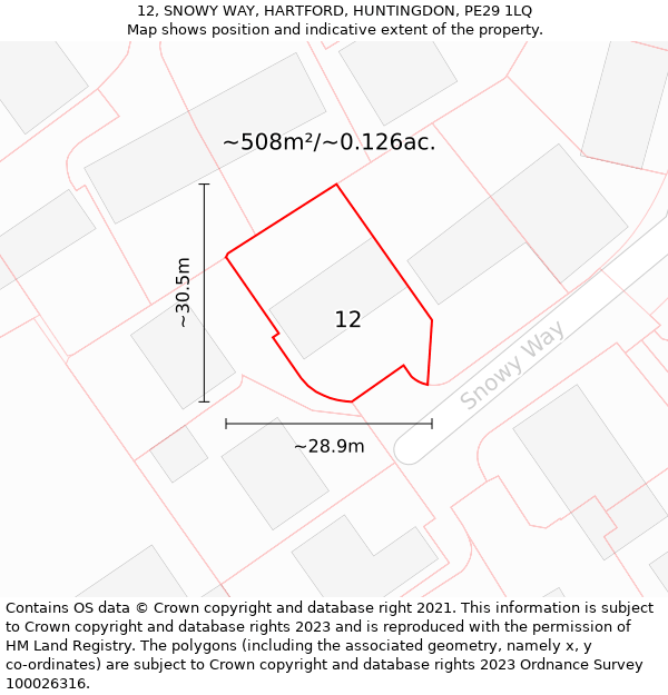 12, SNOWY WAY, HARTFORD, HUNTINGDON, PE29 1LQ: Plot and title map