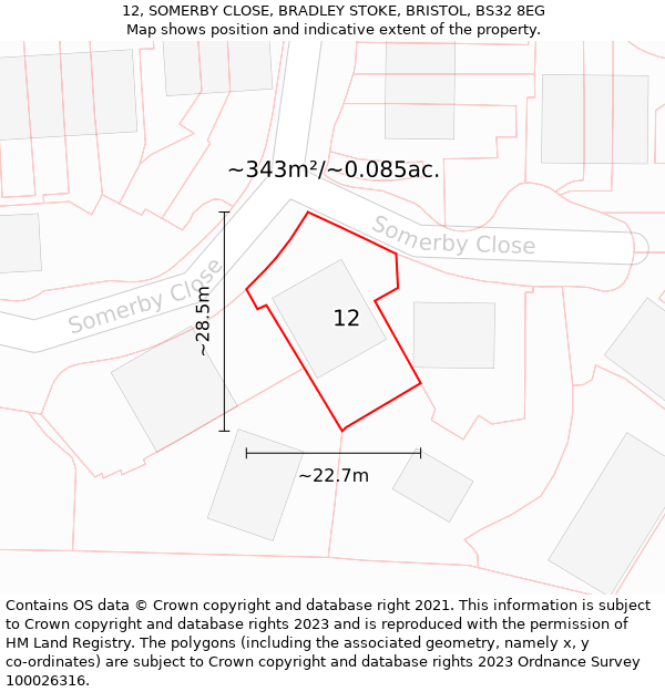 12, SOMERBY CLOSE, BRADLEY STOKE, BRISTOL, BS32 8EG: Plot and title map