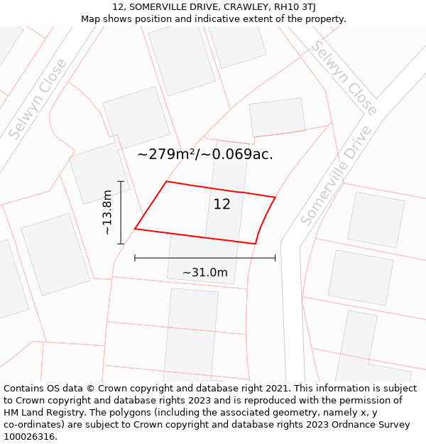 12, SOMERVILLE DRIVE, CRAWLEY, RH10 3TJ: Plot and title map