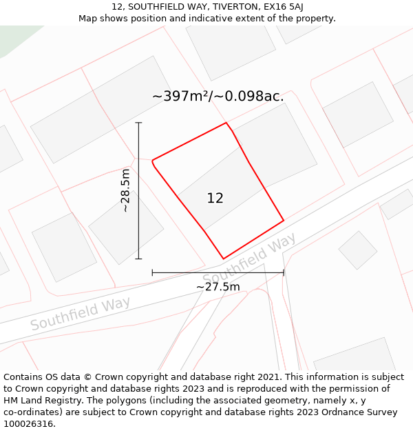 12, SOUTHFIELD WAY, TIVERTON, EX16 5AJ: Plot and title map