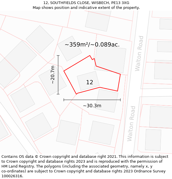 12, SOUTHFIELDS CLOSE, WISBECH, PE13 3XG: Plot and title map