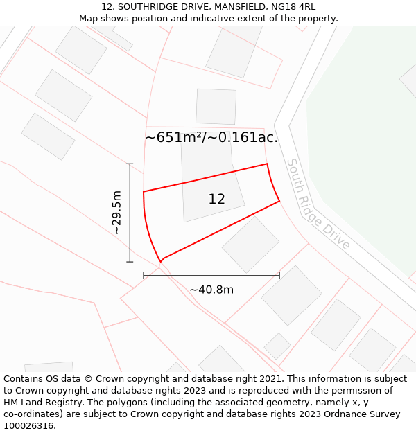 12, SOUTHRIDGE DRIVE, MANSFIELD, NG18 4RL: Plot and title map