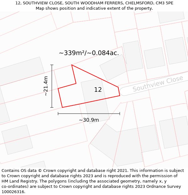 12, SOUTHVIEW CLOSE, SOUTH WOODHAM FERRERS, CHELMSFORD, CM3 5PE: Plot and title map