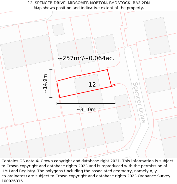 12, SPENCER DRIVE, MIDSOMER NORTON, RADSTOCK, BA3 2DN: Plot and title map
