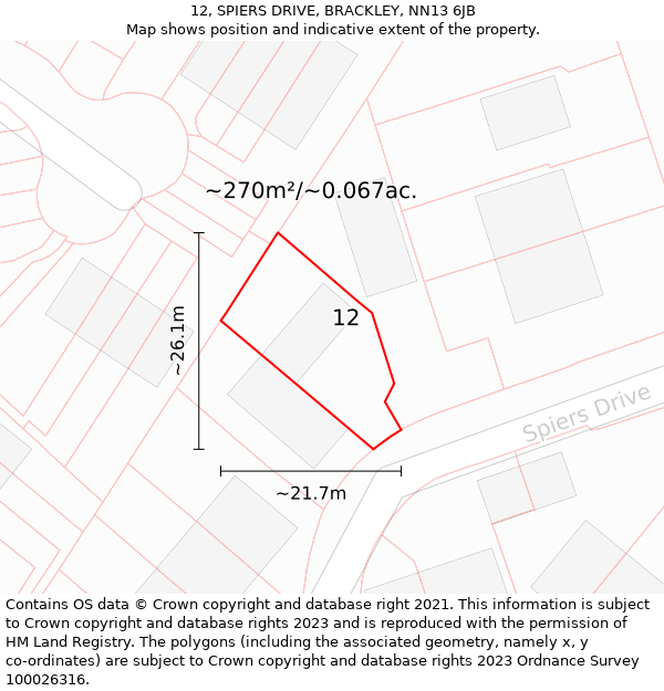 12, SPIERS DRIVE, BRACKLEY, NN13 6JB: Plot and title map