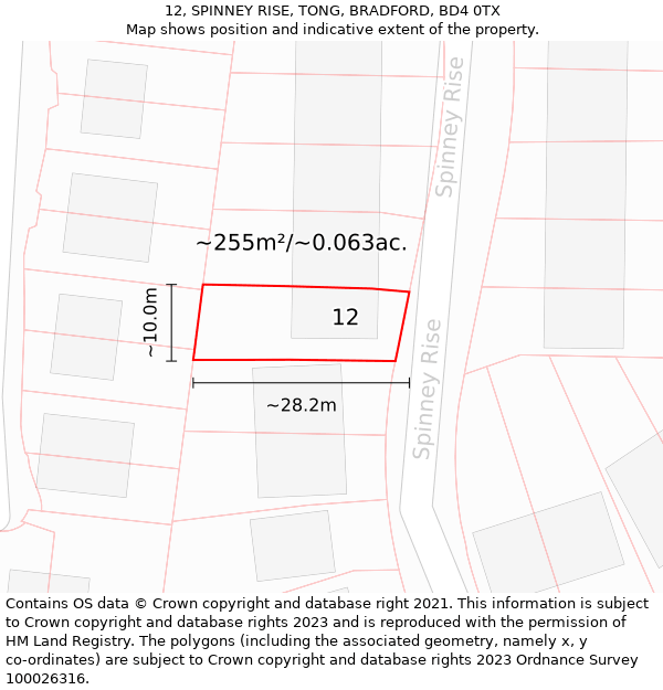 12, SPINNEY RISE, TONG, BRADFORD, BD4 0TX: Plot and title map