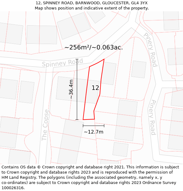 12, SPINNEY ROAD, BARNWOOD, GLOUCESTER, GL4 3YX: Plot and title map