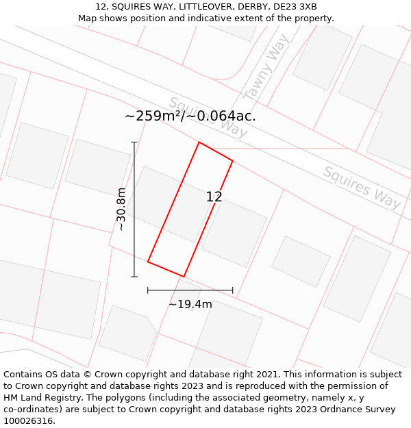 12, SQUIRES WAY, LITTLEOVER, DERBY, DE23 3XB: Plot and title map