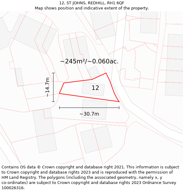 12, ST JOHNS, REDHILL, RH1 6QF: Plot and title map