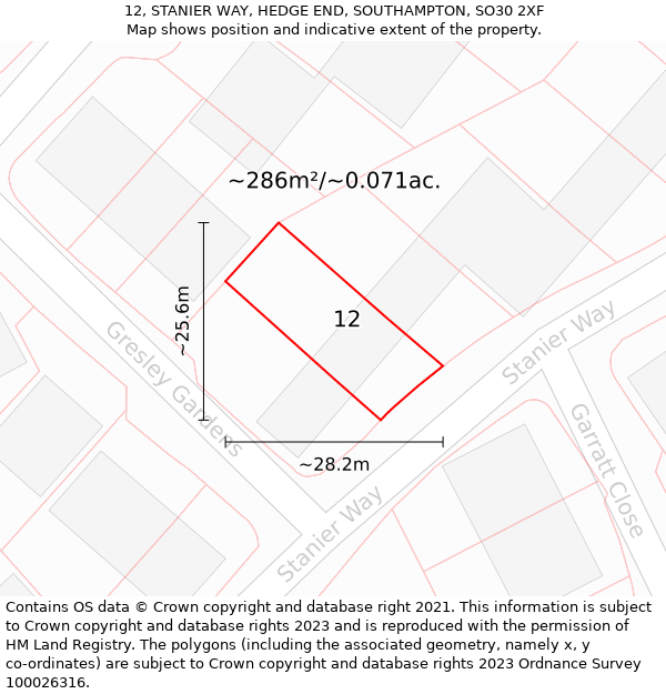 12, STANIER WAY, HEDGE END, SOUTHAMPTON, SO30 2XF: Plot and title map