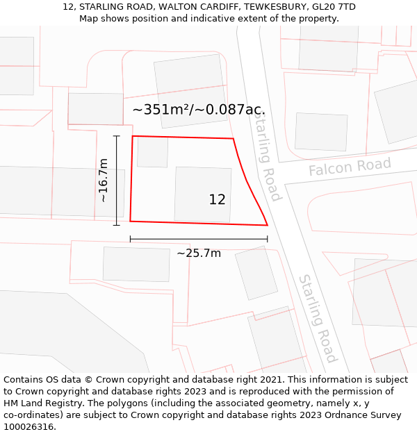 12, STARLING ROAD, WALTON CARDIFF, TEWKESBURY, GL20 7TD: Plot and title map