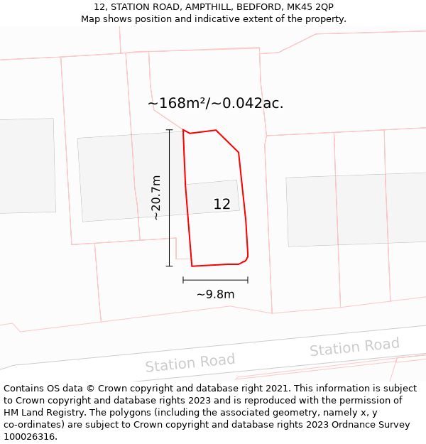 12, STATION ROAD, AMPTHILL, BEDFORD, MK45 2QP: Plot and title map