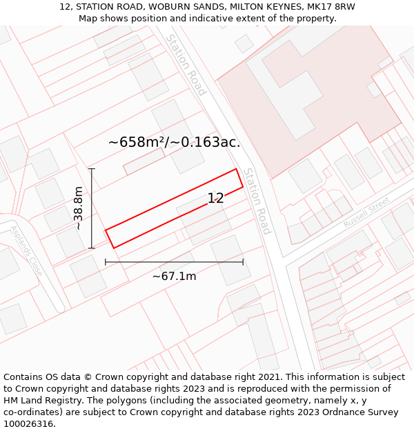12, STATION ROAD, WOBURN SANDS, MILTON KEYNES, MK17 8RW: Plot and title map
