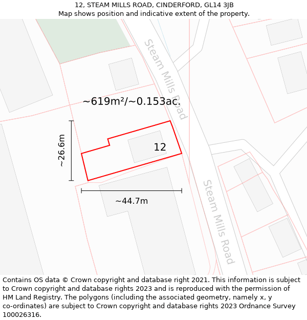 12, STEAM MILLS ROAD, CINDERFORD, GL14 3JB: Plot and title map