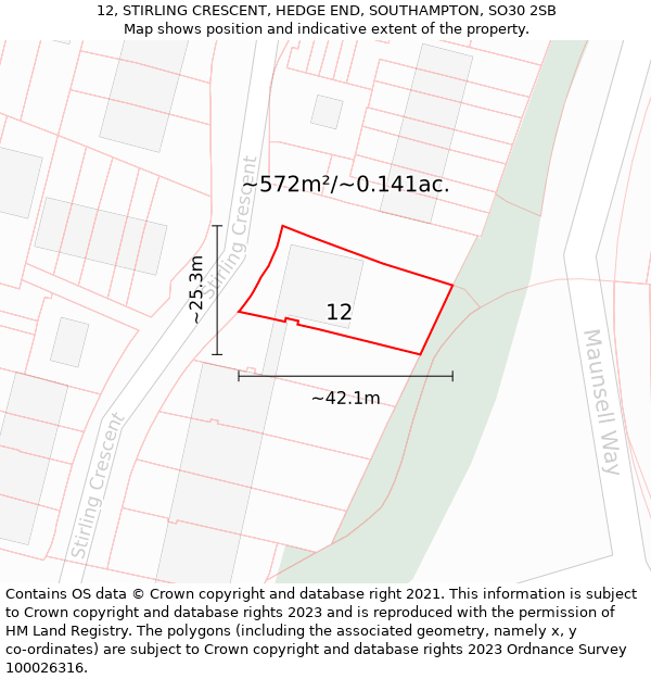 12, STIRLING CRESCENT, HEDGE END, SOUTHAMPTON, SO30 2SB: Plot and title map