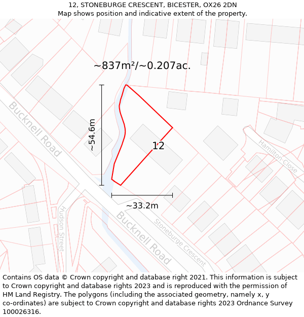 12, STONEBURGE CRESCENT, BICESTER, OX26 2DN: Plot and title map