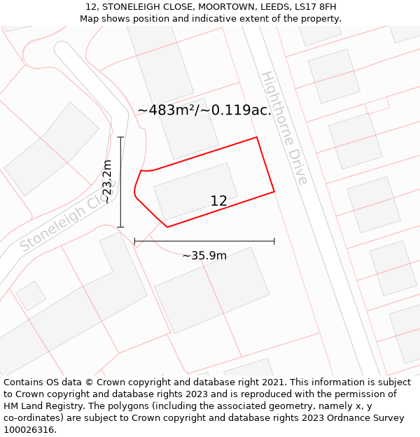 12, STONELEIGH CLOSE, MOORTOWN, LEEDS, LS17 8FH: Plot and title map