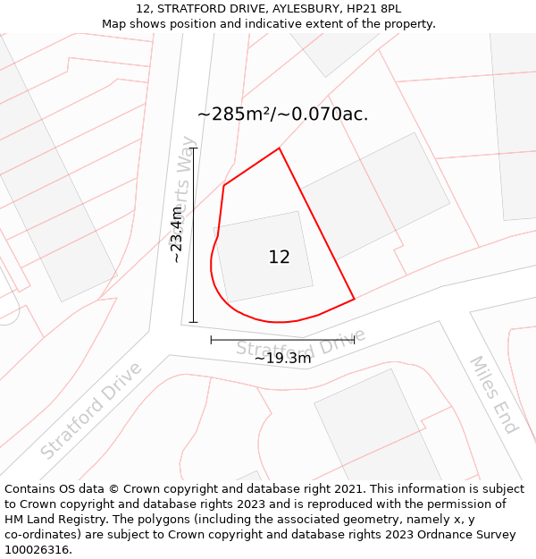 12, STRATFORD DRIVE, AYLESBURY, HP21 8PL: Plot and title map